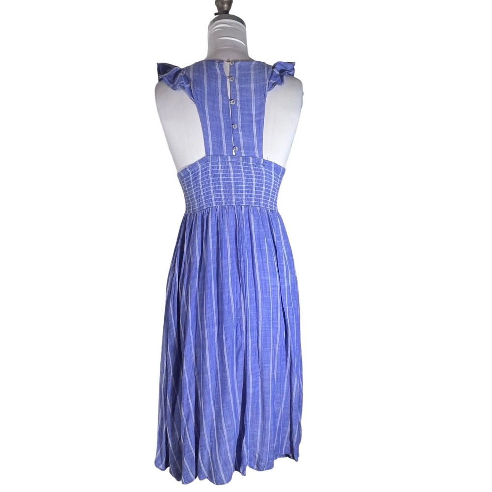 Free People Blue White Striped Smocked‎ Midi Dress Sleeveless Ruffle Pockets XS - Picture 2 of 10